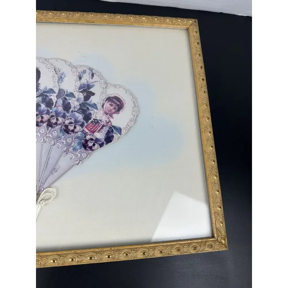 Gold Framed Victorian Girls Paper Fan Greeting Card by Old Print Factory Reprod.